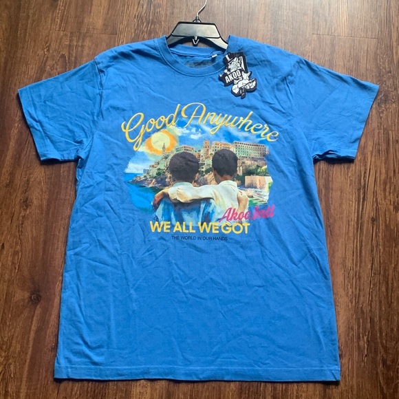 AKOO Knit Graphic T-Shirt We All We Got Short Sleeve Palace Blue Large NWT - Picture 1 of 7